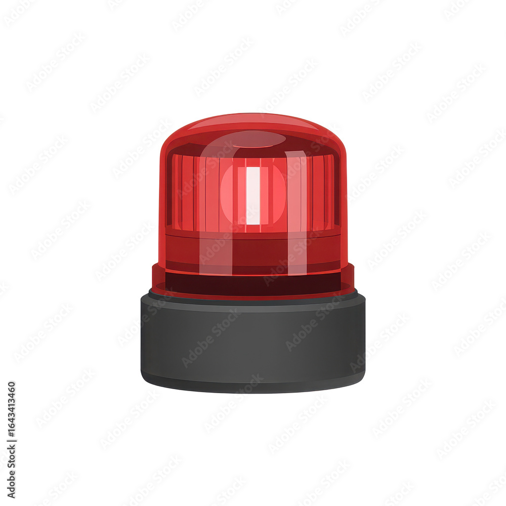 Poster bright red rotating warning light with a dark gray base isolated on transparent background