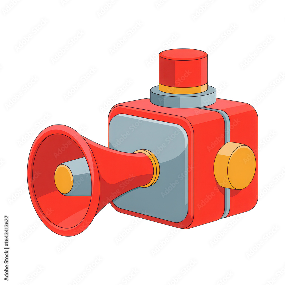 Poster retro red megaphone device with yellow accents and a button isolated on transparent background