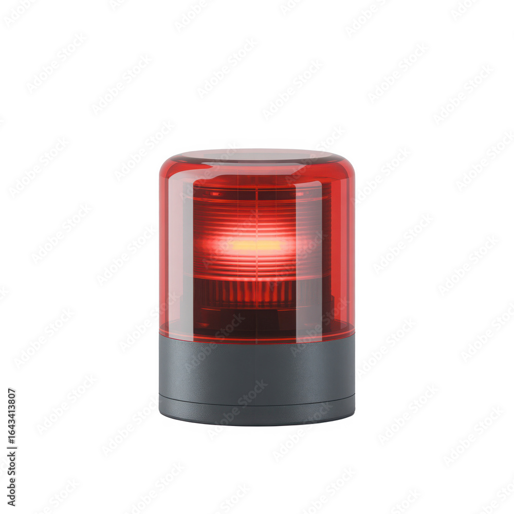 Poster illuminated red warning light with clear dome and gray base isolated on transparent background