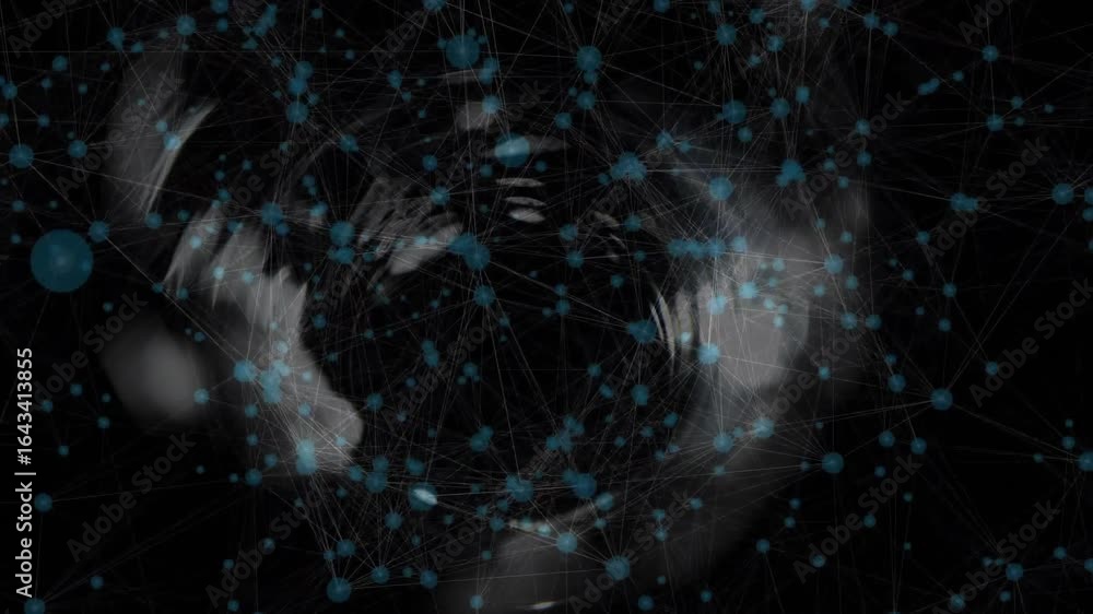 Aufkleber digital network nodes appearing linking before curving inward around vortex to represent data flow
