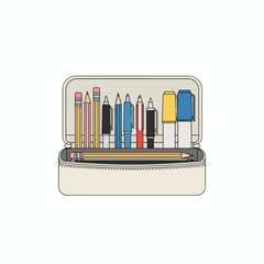 An open beige pencil case neatly holds various writing instruments, including pencils, pens, and markers.