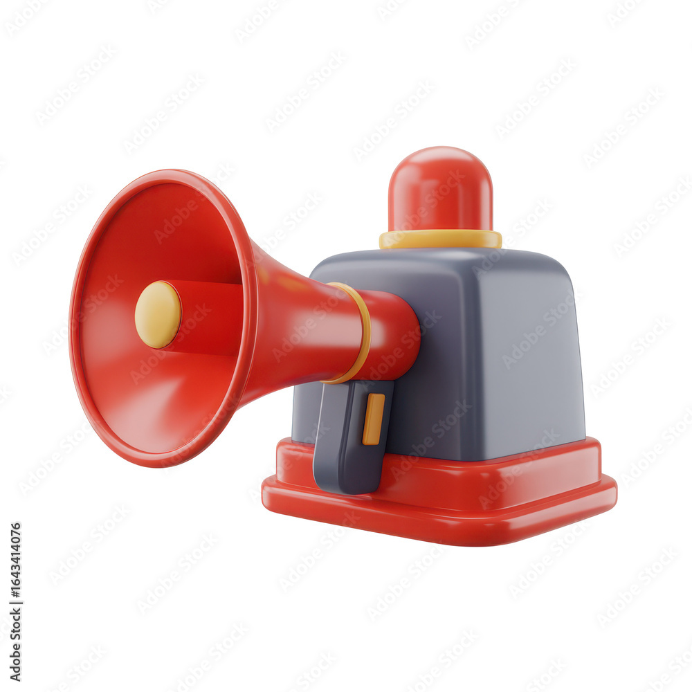 Poster red and gray megaphone device with flashing light and handle isolated on transparent background