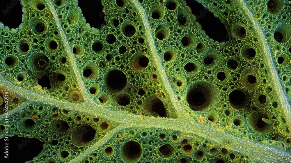 Poster intricate details of leaf structure under microscope showcasing unique patterns and textures in natu