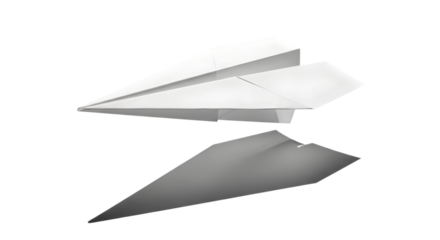 A white paper airplane isolated on transparent background, symbolizing flight, travel, and imagination