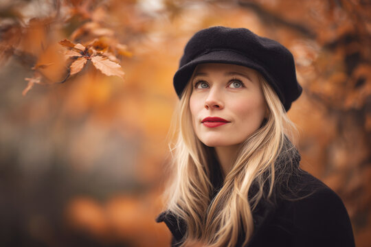 A woman gazes upwards with a serene expression, surrounded by vibrant autumn leaves in warm hues of orange and yellow