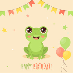 happy birthday card with cute frog. vector illustration.