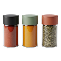 Three glass spice jars with colorful lids for the kitchen