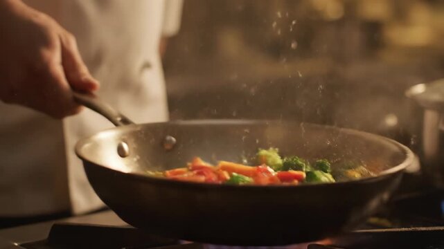 Chef skillfully sauteing vibrant vegetables in a pan on a gas stove, creating a healthy culinary