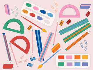 School supplies sticker set. Ruler, pencil, eraser, paint, brush icons set. Back to school. Hand drawn pictures