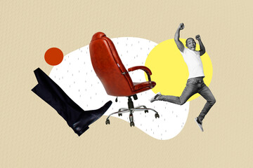Art sketch image full 3d collage of inexperienced employee man rejection hiring dismissal fly chair...