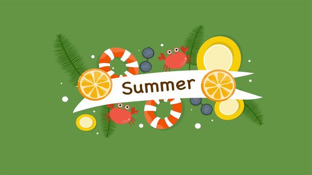 Bright summer emblem with tropical leaves, orange slices and text banner