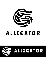 Black minimalist logo featuring two stylized alligator heads forming a circular emblem in flat style 