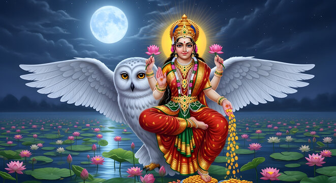 Goddess Lakshmi on her Owl Mount Under the Moonlight