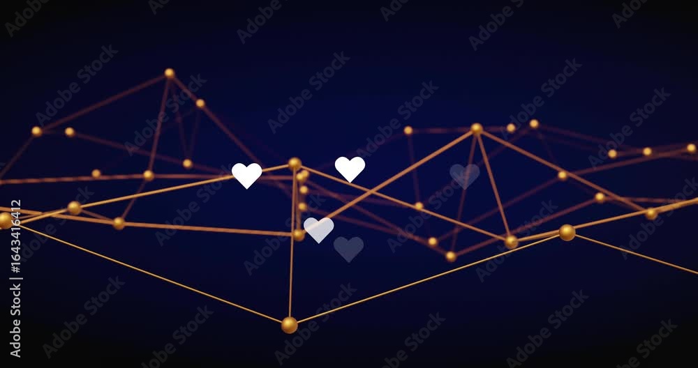 Poster loading golden node-line mesh while hearts emerging and clustering to showcase connections