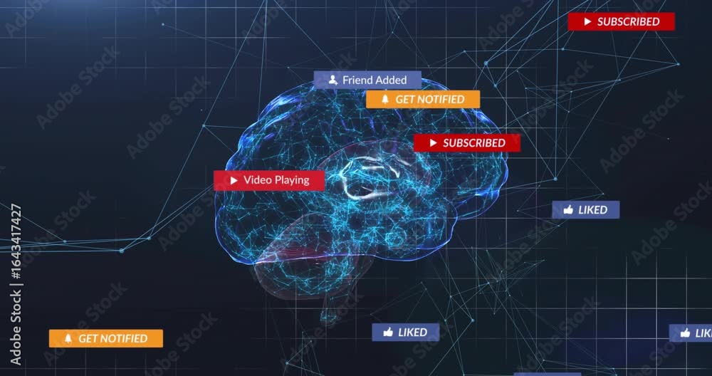 Poster cursor clicking causing 3d brain rotating while message and sub prompts moving to show engagement
