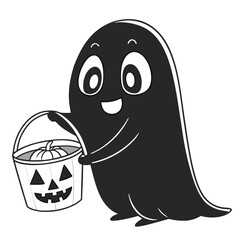 Cute cartoon black ghost holding a jack o lantern trick or treat bucket