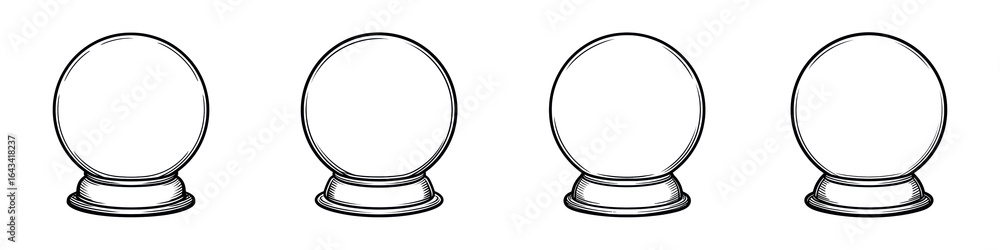 Poster Four empty clear snow globe frames with round glass domes and detailed bases arranged in a row Isolate