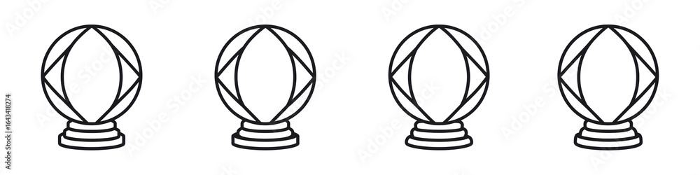 Poster four identical black line art icons showing abstract geometric orbs on tiered bases horizontally ali