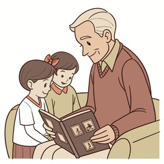 Grandfather and grandchildren looking at an old photo album together