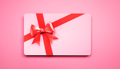 Pink credit or gift card with red ribbon isolated on pink background - 3D illustration