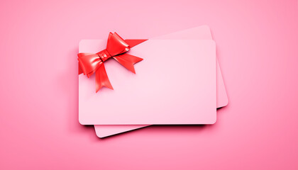 Pink credit or gift card with red ribbon isolated on pink background - 3D illustration