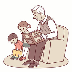 Grandfather and grandchildren looking at a photo album together on a comfortable chair