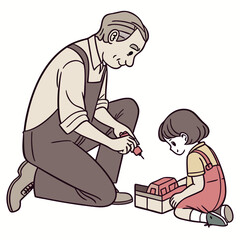 Grandfather and granddaughter working together on a toy car with a screwdriver