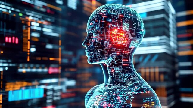 Futuristic digital human figure with glowing circuits and data patterns, showcasing modern technology and artificial intelligence, evokes sense of innovation and advancement in digital age.
