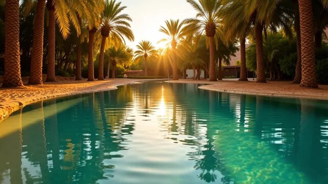 Golden hour sunbeams filter through lush palm trees onto a tranquil turquoise resort pool, creating a serene oasis vibe. AI generative video