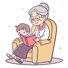 Grandmother and grandchild sitting in a cozy armchair reading a book together