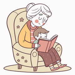 Grandmother and grandson sitting in a comfortable armchair reading a book together