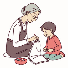 Grandmother and grandson are engaged in a craft activity together indoors