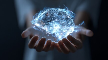 Human Holds Glowing Brain in Hands, Close-Up Shot