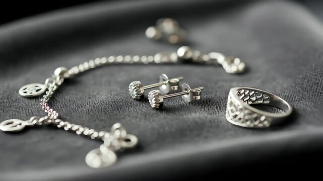 Elegant collection of sterling silver jewelry with a charm bracelet, ring, and stud earrings on dark fabric