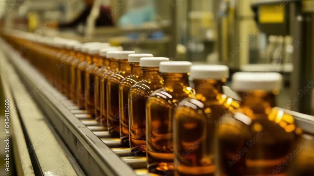 Poster bottles of syrup moving along a conveyor belt in a factory setting