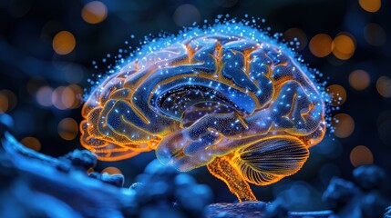 Intricate macro visualization of a human brain, its glowing orange and blue pathways symbolizing knowledge flow. Dark vignette highlights the detailed structure and sparkling insights.