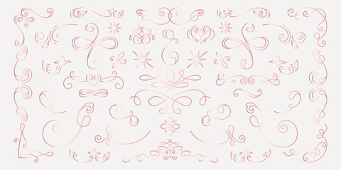 Elegant pink flourishes and swirls. Decorative swirls for design. Pink flourishes add elegance. Use these flourishes for decorative accents and design flair. Hand drawn ornament vector set.