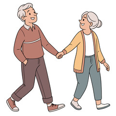 Happy elderly couple holding hands and walking together outdoors