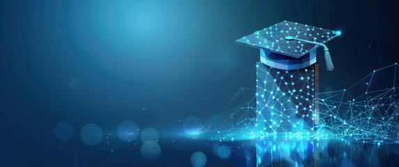 Abstract glowing blue chip pillar topped with a grad cap. Blurred neural patterns signify AI education innovation, interconnectivity, and progress for web promos.