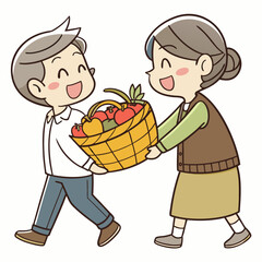 Happy elderly couple sharing a basket full of fresh apples and pears