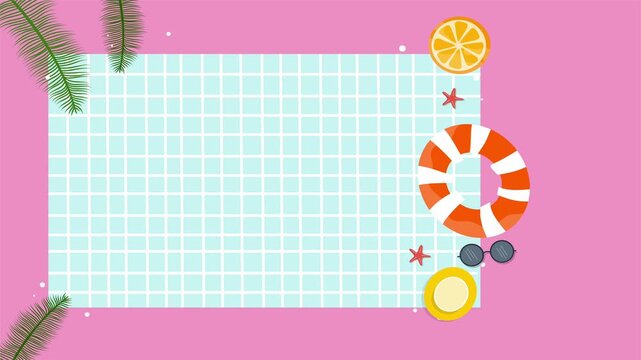 Top view of summer pool scene with pink background and floating items