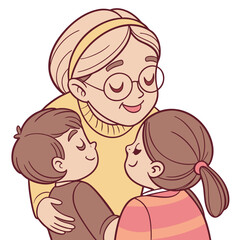 Happy grandmother hugging her two grandchildren with love and affection