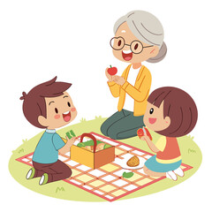 Happy grandmother enjoying a picnic with her two grandchildren in the park