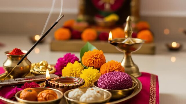 Celebratory Diwali Puja Arrangement with Lit Incense and Colorful Flowers in a Traditional Setting Featuring Brass Vessels and Ornate Details