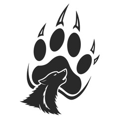 Stylized black wolf howling beneath a large bear paw print with sharp claws