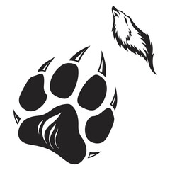 Stylized black wolf head howling above a large paw print with sharp claws © shahin10