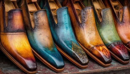 Row of colorful handcrafted shoes