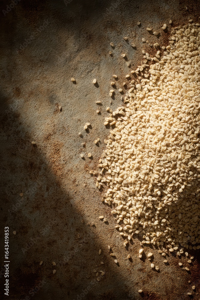 Poster raw sesame seeds on rustic surface with soft shadows creating natural and warm feel in food photogra