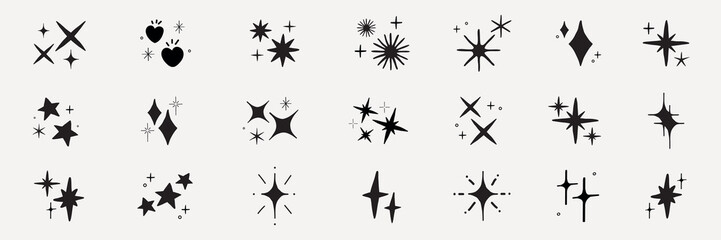 Set of black star and sparkle icons. Stars and sparkles in various shapes. Star icons and sparkle symbols for design. Black star and sparkle collection. Element vector set.