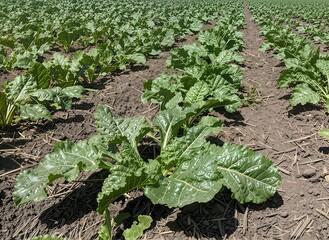 Young sugar beet plants stretching deep into the field. Large green leaves and dark soil create...